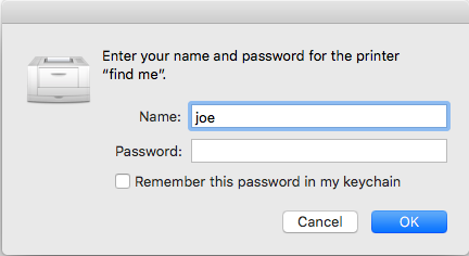 Enter your name and password for the printer.