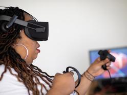A student in a Virtual Reality (VR) headset