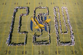 Freshman students lined up in a formation to spell CSU
