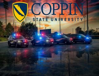 The Coppin State University logo on a photo of a line of four police vehicles on the campus of Coppin State University. The sun has set in the background and red and blue lights of the vehicles are on.
